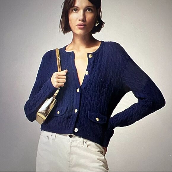 J.Crew Odette cable-knit sweater lady jacket in cotton-blend bouclé‎ Medium Navy - Picture 1 of 8